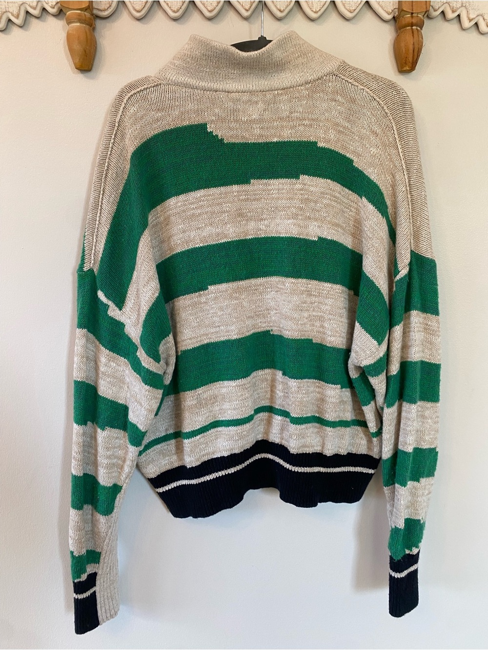 Pilcro Green and Cream Striped Scoop Collar Sweater with Black Trim - Picture 7 of 8